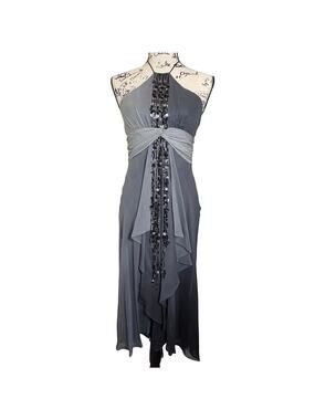 Sz 4 BCBGMAXAZRIA 100% Silk Ombre Gray Midi Dress Y2K Goddess Evening Whimsigoth